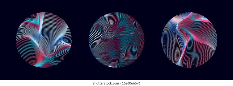 Set of holographic shiny circles with glitched wavy pattern. Retrofuturistic vaporwave and synthwave style elements for design.