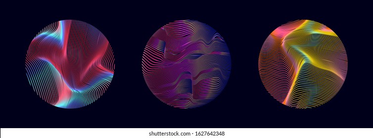 Set of holographic shiny circles with glitched wavy pattern. Retrofuturistic vaporwave and synthwave style elements for design.