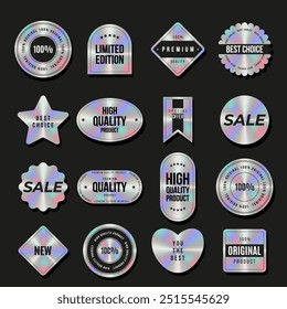 Set of holographic sticker, label templates. Shiny rainbow emblem Original, Limited Edition, New, Sale, Premium quality. Vector illustration