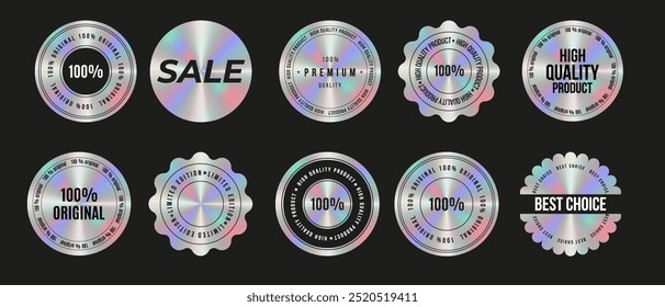 Set of holographic sticker, label templates. Shiny rainbow emblem Original, Limited Edition, New, Sale, Premium quality. Vector illustration