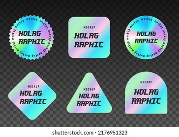 Set of holographic sticker mockups, realistic, vector illustration isolated on transparent background. Different shapes, bright, iridescent stickers for clothes