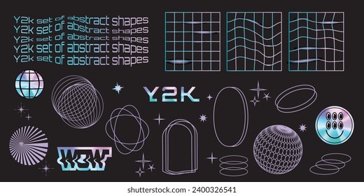 A set of holographic stickers and 3D wireframe shapes. Gradient. Retro y2k stickers.Rave. Vector stock illustration. Black background. Isolated. Flyer