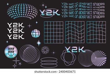 A set of holographic stickers and 3D wireframe shapes. Gradient. Retro y2k stickers. Rave posters and elements and symbols. Social network.  Isolated