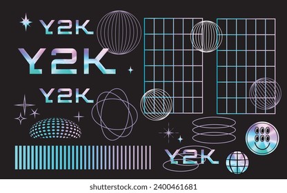A set of holographic stickers and 3D wireframe shapes. Gradient. Retro y2k stickers. Rave posters and elements and symbols. Social network. Vector stock illustration. Black background. Isolated. Flyer