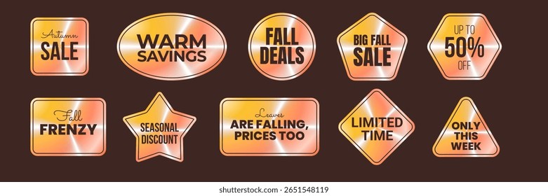 Set of holographic stickers. Autumn sale. Hologram fall promo labels of different geometric shapes iridescent foil. Colored rainbow shiny discount emblems, tags. Isolated Neon vector illustration