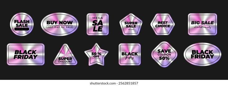 Set of holographic stickers. Black friday,sale. Hologram labels different geometric shapes iridescent foil,adhesive film. Colored blank rainbow shiny emblems,tags. Neon vector illustration