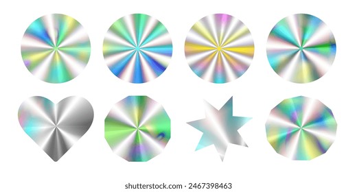 Set of holographic stickers. Circle shapes in y2k style with different gradients.