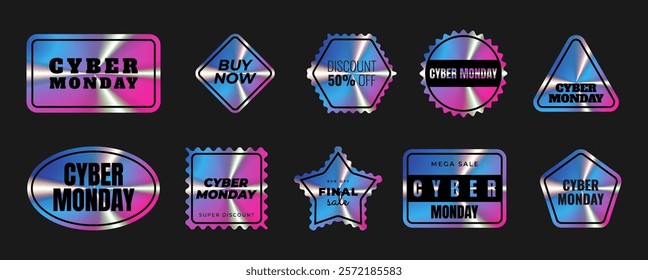 Set of holographic stickers. Cyber monday. Hologram labels different geometric shapes iridescent foil,adhesive film. Colored blank rainbow shiny emblems,tags. Neon vector illustration