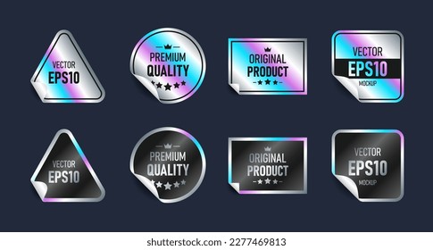 Set of holographic stickers of different shapes isolated on a dark background. Templates of colored paper tags, emblems, labels. Vector illustration.