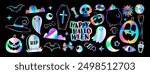 Set of holographic stickers for Halloween. Vector illustration with iridescent foil adhesive film with Halloween symbols in y2k style for decoration banner, poster, social media, web. Retro stickers.