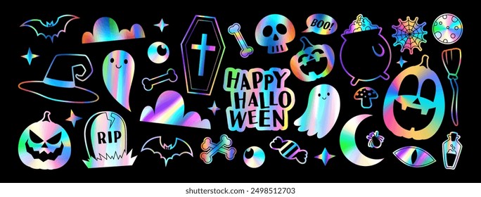 Set of holographic stickers for Halloween. Vector illustration with iridescent foil adhesive film with Halloween symbols in y2k style for decoration banner, poster, social media, web. Retro stickers.