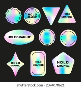 Set of holographic stickers. Hologram labels of different shapes. Vector stickers for design mockups. Holographic textured stickers for preview tags, labels