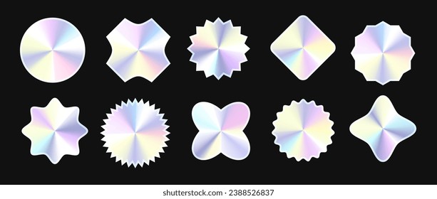 Set of holographic stickers. Hologram labels collection. Shiny silver foil elements bundle for emblems, tags, labels, badges, templates, collages, posters, banners. Vector illustration pack