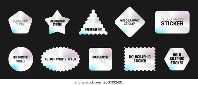 Set of holographic stickers. Hologram labels of different geometric shapes iridescent foil, adhesive film. Colored tags, rainbow shiny emblems. Isolated neon vector illustration
