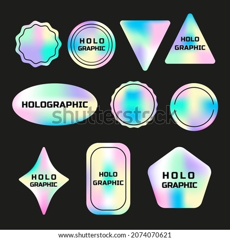 Set of holographic stickers. Hologram labels of different shapes. Vector stickers for design mockups. Holographic textured stickers for preview tags, labels