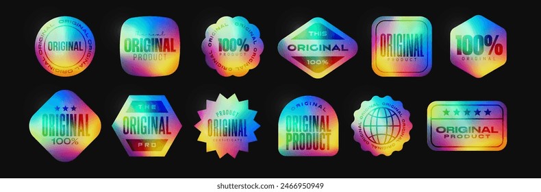 Set of holographic stickers for original products. Product quality guarantee hologram diferent shape sticker. Certified product iridescent tag, authenticity guarantee shiny vector seal