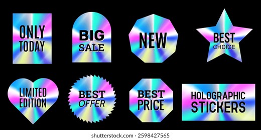 set of holographic stickers in retrofuturism style, emblems for sale