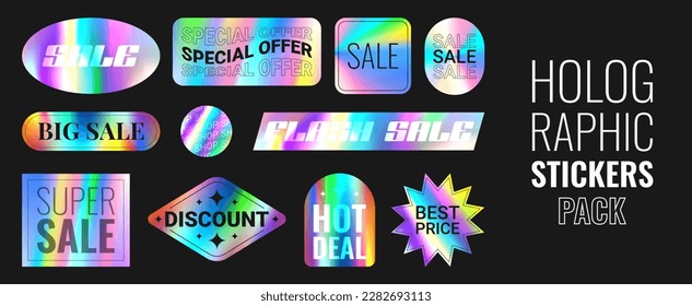 Set of holographic stickers for sale. Vector illustration with iridescent foil adhesive film. Holographic labels for hot deal and super sale. Gradient stickers for mark discounts.