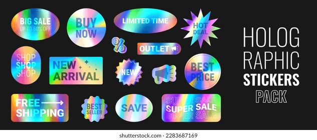 Set of holographic stickers for sale. Vector illustration with iridescent foil adhesive film. Holographic labels for hot deal and super sale. Gradient stickers for mark discounts.