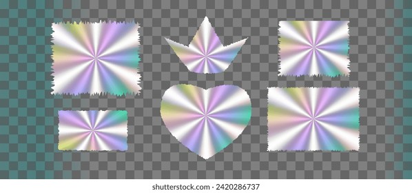 Set holographic stickers Template of hologram retro pictogram Hologram labels of different shapes Holographic stamp quality certification Vector illustration on transparent background