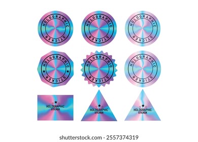 A set of holographic stickers in various shapes, including circles, triangles, and rectangles, with vibrant iridescent designs.