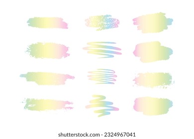 Set of holographic strokes of paint. Y2K cute holographic stickers isolated on white background, vector rainbow hand drawn element.