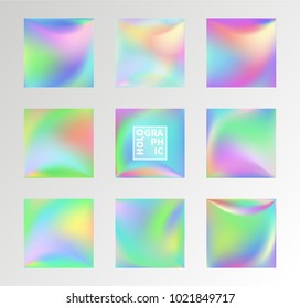 Set of Holographic Vector Background. Iridescent Foil. Glitch Hologram. Pastel neon rainbow. Metallic paper. Template for presentation. Cover to web design.  Abstract colorful  pearl gradient. 