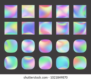 Set of Holographic Vector Background. Iridescent Foil. Glitch Hologram. Pastel neon rainbow. Metallic paper. Template for presentation. Cover to web design.  Abstract colorful  pearl gradient. 