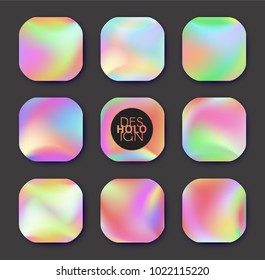 Set of Holographic Vector Background. Iridescent Foil. Glitch Hologram. Pastel neon rainbow. Metallic paper. Template for presentation. Cover to web design.  Abstract colorful  pearl gradient. 