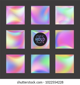 Set of Holographic Vector Background. Iridescent Foil. Glitch Hologram. Pastel neon rainbow. Metallic paper. Template for presentation. Cover to web design.  Abstract colorful  pearl gradient. 