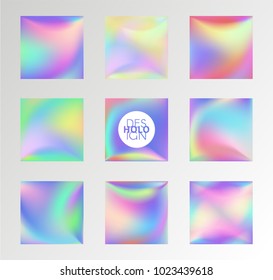 Set of Holographic Vector Background. Iridescent Foil. Glitch Hologram. Pastel neon rainbow. Metallic paper. Template for presentation. Cover to web design.  Abstract colorful  pearl gradient. 