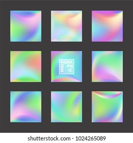 Set of Holographic Vector Background. Iridescent Foil. Glitch Hologram. Pastel neon rainbow. Metallic paper. Template for presentation. Cover to web design.  Abstract colorful  pearl gradient. 