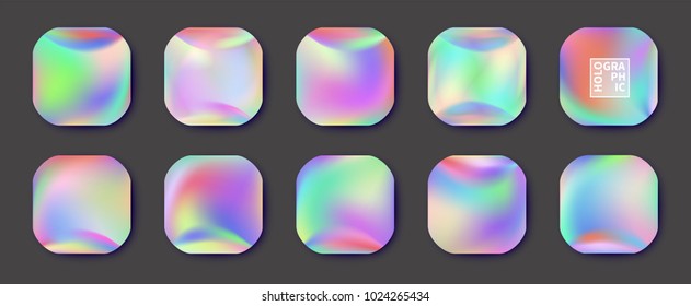 Set of Holographic Vector Background. Iridescent Foil. Glitch Hologram. Pastel neon rainbow.  Ultraviolet metallic paper. Template for presentation. Cover to web design.  Abstract colorful gradient. 