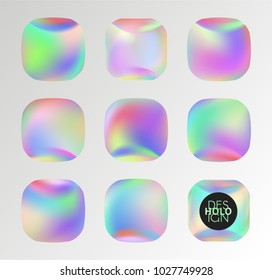 Set of Holographic Vector Background. Iridescent Foil. Glitch Hologram. Pastel neon rainbow. Metallic paper. Template for presentation. Cover to web design.  Abstract colorful  pearl gradient. 