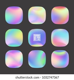 Set of Holographic Vector Background. Iridescent Foil. Glitch Hologram. Pastel neon rainbow. Metallic paper. Template for presentation. Cover to web design.  Abstract colorful  pearl gradient. 