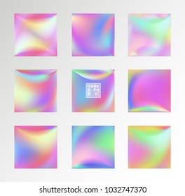 Set of Holographic Vector Background. Iridescent Foil. Glitch Hologram. Pastel neon rainbow. Metallic paper. Template for presentation. Cover to web design.  Abstract colorful  pearl gradient. 