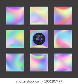 Set of Holographic Vector Background. Iridescent Foil. Glitch Hologram. Pastel neon rainbow. Metallic paper. Template for presentation. Cover to web design.  Abstract colorful  pearl gradient. 