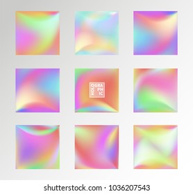 Set of Holographic Vector Background. Iridescent Foil. Glitch Hologram. Pastel neon rainbow. Metallic paper. Template for presentation. Cover to web design.  Abstract colorful  pearl gradient. 