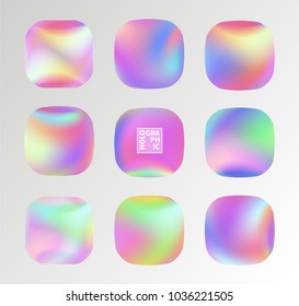 Set of Holographic Vector Background. Iridescent Foil. Glitch Hologram. Pastel neon rainbow. Metallic paper. Template for presentation. Cover to web design.  Abstract colorful  pearl gradient. 