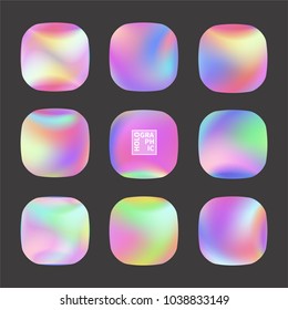 Set of Holographic Vector Background. Iridescent Foil. Glitch Hologram. Pastel neon rainbow. Metallic paper. Template for presentation. Cover to web design.  Abstract colorful  pearl gradient. 