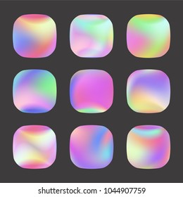 Set of Holographic Vector Background. Iridescent Foil. Glitch Hologram. Pastel neon rainbow. Metallic paper. Template for presentation. Cover to web design.  Abstract colorful  pearl gradient. 