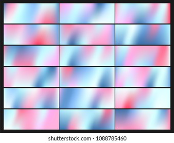 Set of Holographic Vector Background. Iridescent Foil. Glitch Hologram. Pastel neon rainbow. Metallic paper. Template for presentation. Cover to web design.  Abstract colorful  pearl gradient. 