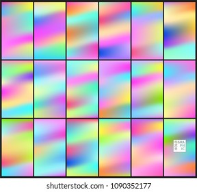 Set of Holographic Vector Background. Iridescent Foil. Glitch Hologram. Pastel neon rainbow. Metallic paper. Template for presentation. Cover to web design.  Abstract colorful  pearl gradient. 