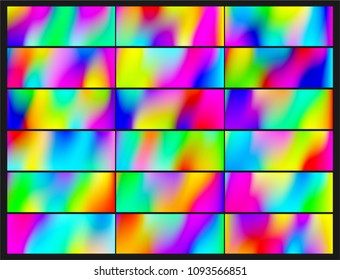 Set of Holographic Vector Background. Iridescent Foil. Glitch Hologram. Pastel neon rainbow. Metallic paper. Template for presentation. Cover to web design.  Abstract colorful  pearl gradient. 