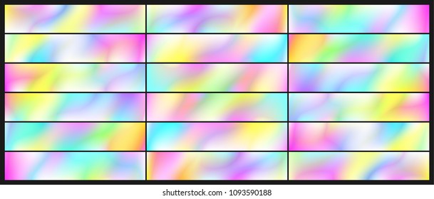 Set of Holographic Vector Background. Iridescent Foil. Glitch Hologram. Pastel neon rainbow. Metallic paper. Template for presentation. Cover to web design.  Abstract colorful  pearl gradient. 