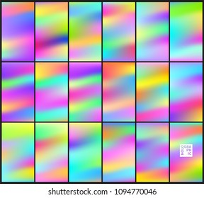 Set of Holographic Vector Background. Iridescent Foil. Glitch Hologram. Pastel neon rainbow. Metallic paper. Template for presentation. Cover to web design.  Abstract colorful  pearl gradient. 