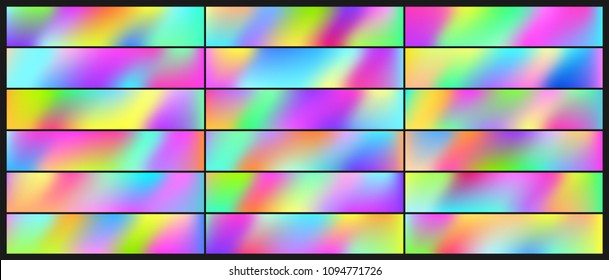Set of Holographic Vector Background. Iridescent Foil. Glitch Hologram. Pastel neon rainbow. Metallic paper. Template for presentation. Cover to web design.  Abstract colorful  pearl gradient. 