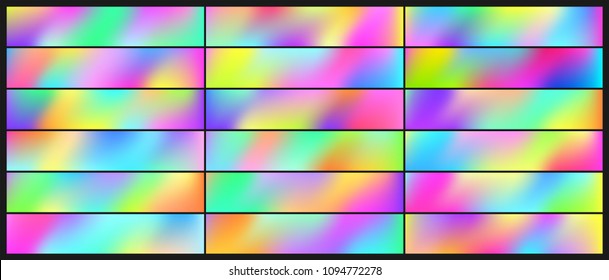 Set of Holographic Vector Background. Iridescent Foil. Glitch Hologram. Pastel neon rainbow. Metallic paper. Template for presentation. Cover to web design.  Abstract colorful  pearl gradient. 