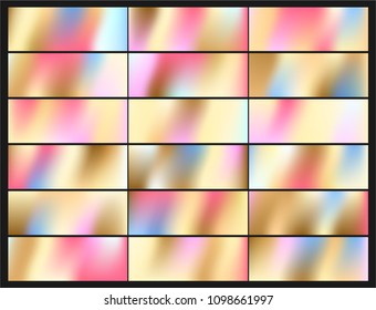 Set of Holographic Vector Background. Iridescent Foil. Glitch Hologram. Pastel neon rainbow. Metallic paper. Template for presentation. Cover to web design.  Abstract colorful  pearl gradient. 