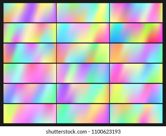 Set of Holographic Vector Background. Iridescent Foil. Glitch Hologram. Pastel neon rainbow. Metallic paper. Template for presentation. Cover to web design.  Abstract colorful  pearl gradient. 